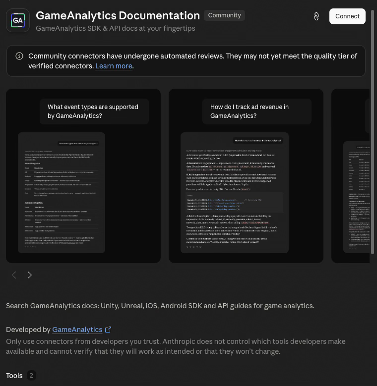 The GameAnalytics Documentation connector in the Claude directory, showing the Connect button and example answers