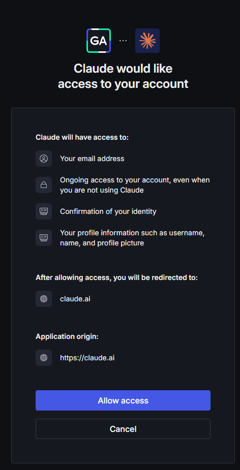 The GameAnalytics consent screen asking whether Claude can access your account, with Allow access and Cancel buttons