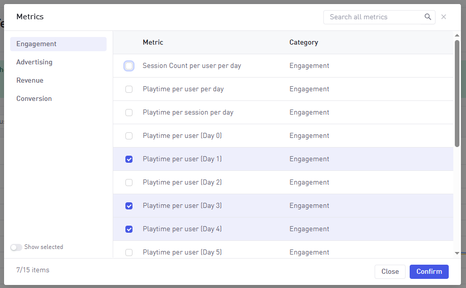 Custom metrics table