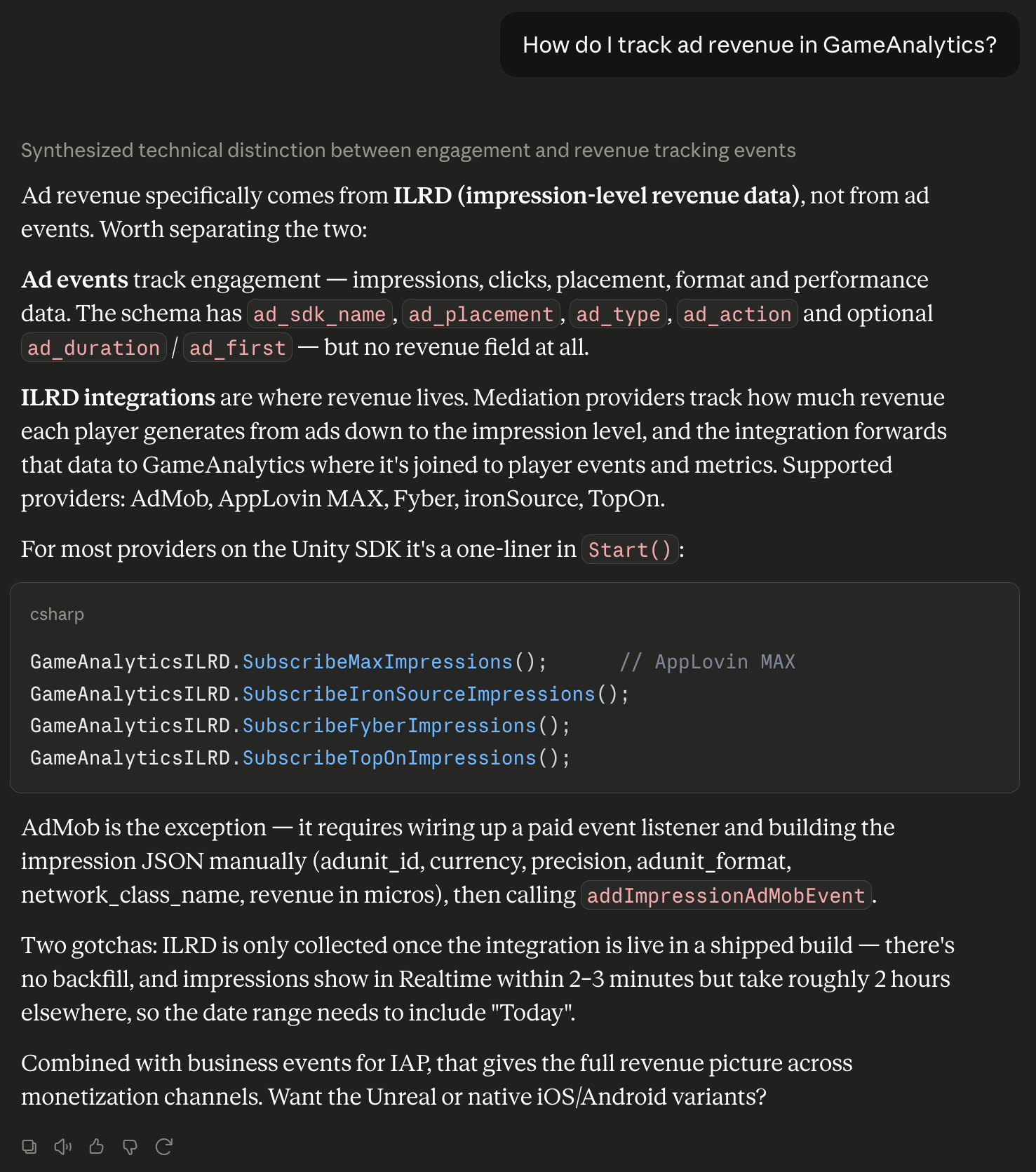 An AI assistant explaining the difference between ad events and impression-level revenue data, followed by a C-sharp code sample