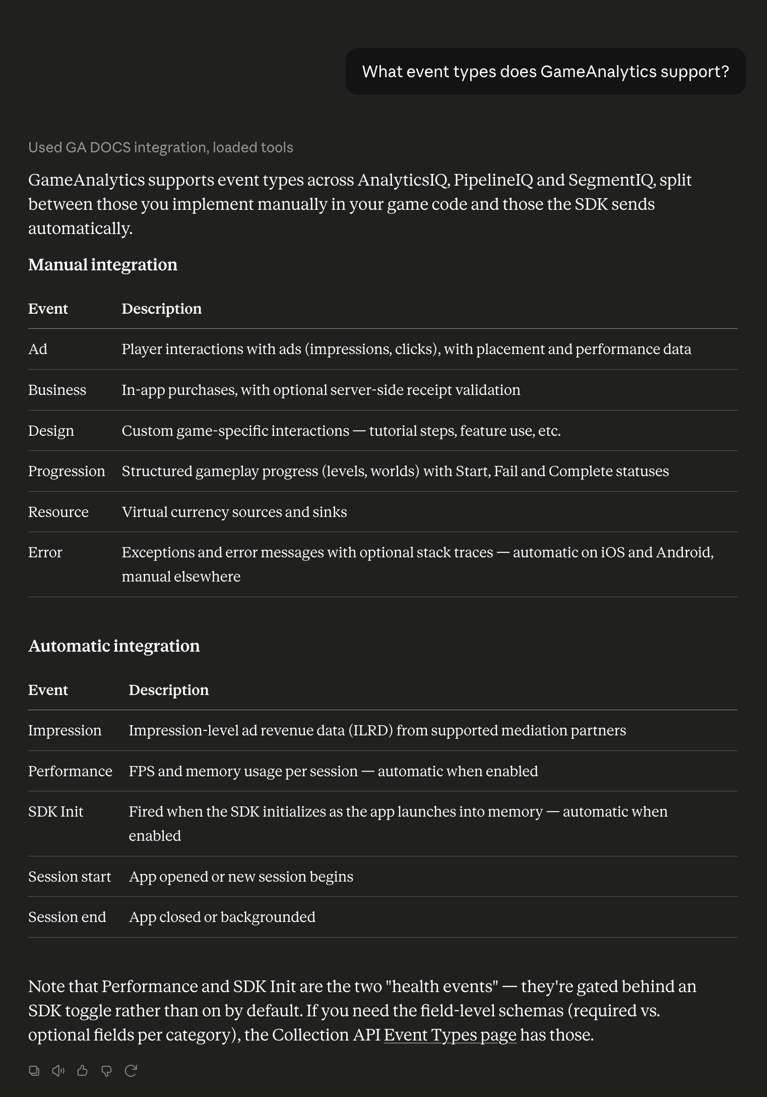 An AI assistant listing GameAnalytics manual and automatic event types in two tables