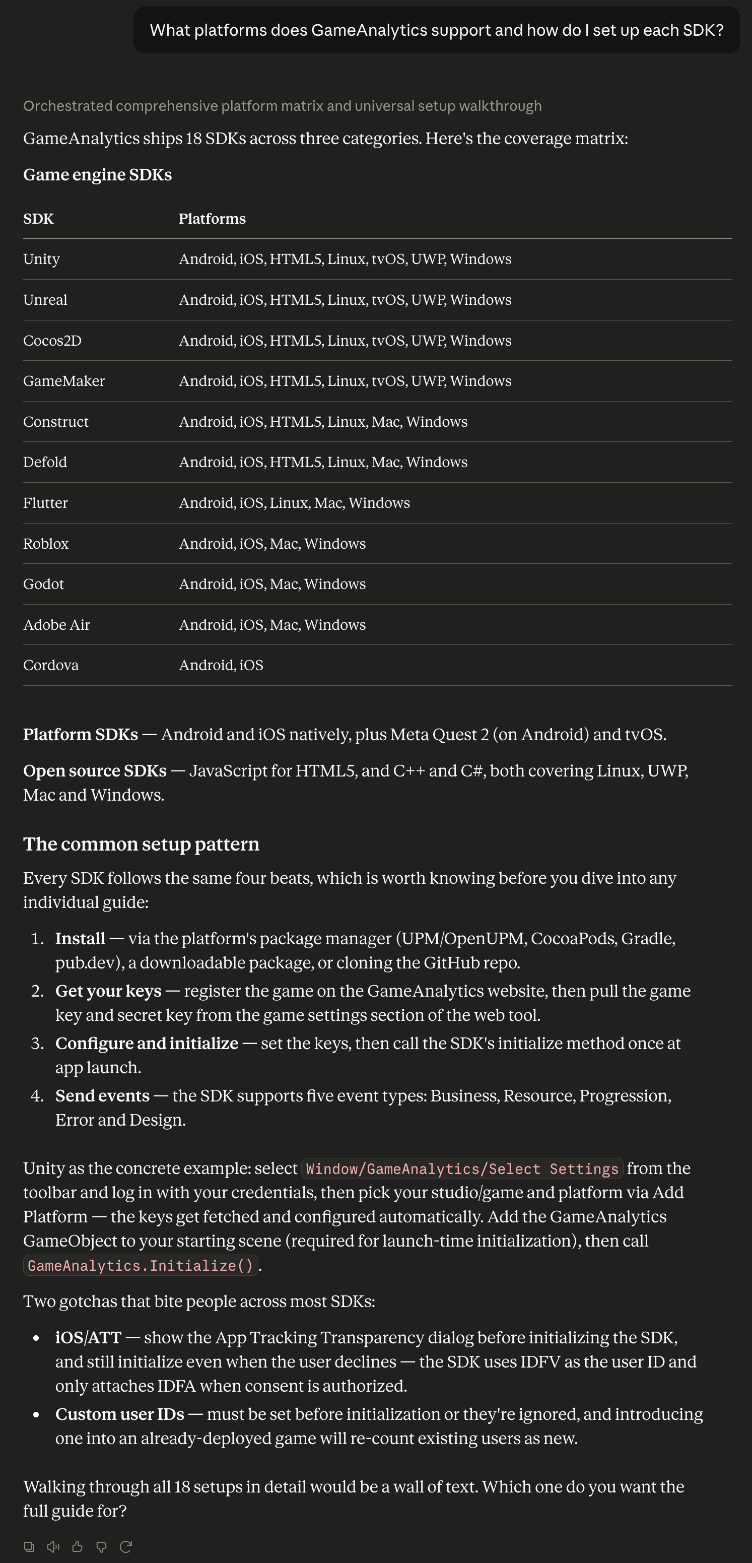 An AI assistant presenting a table of GameAnalytics game engine SDKs against supported platforms, followed by a four-step setup pattern