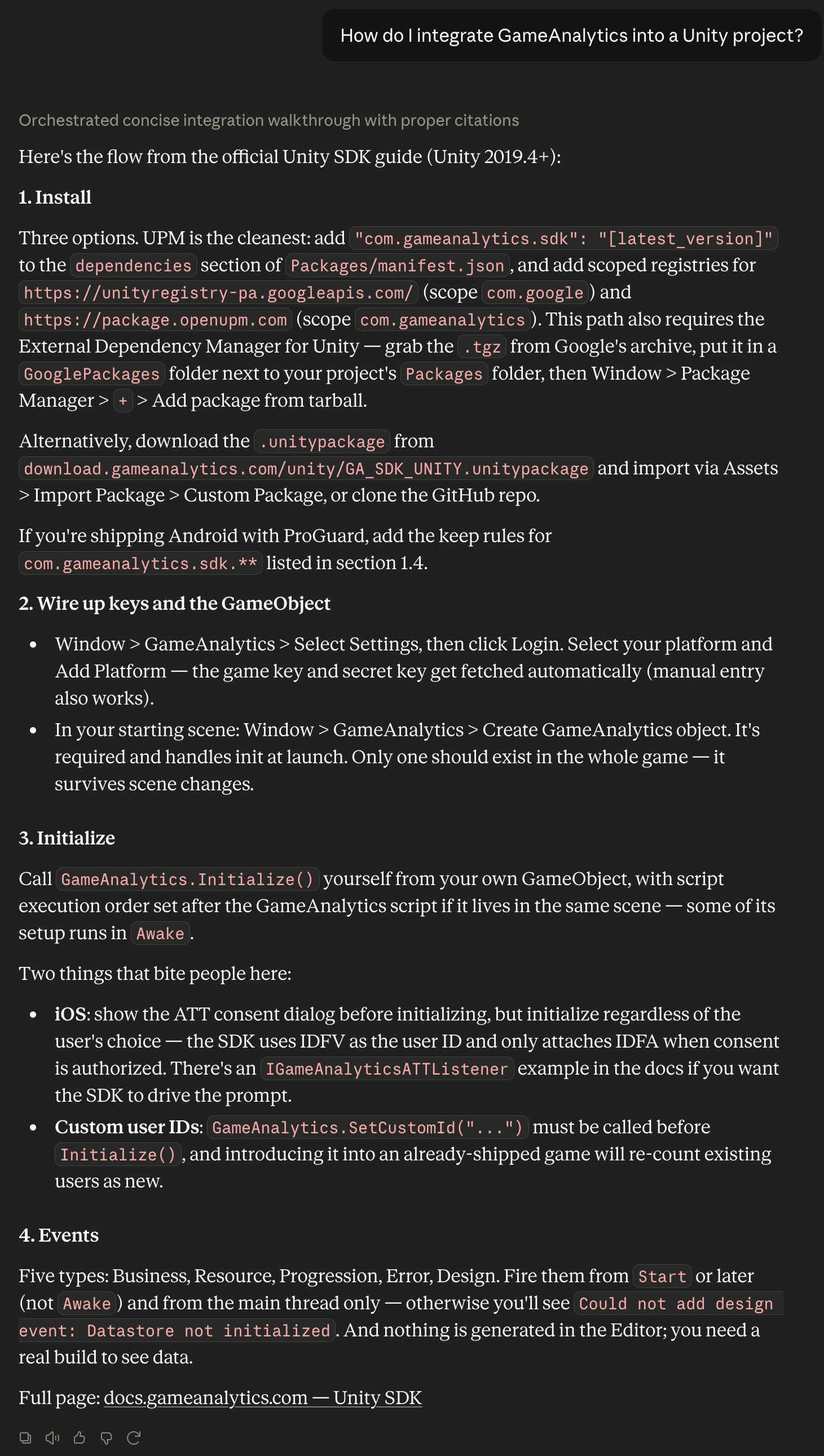 An AI assistant giving a four-step Unity integration walkthrough covering install, keys, initialization and events