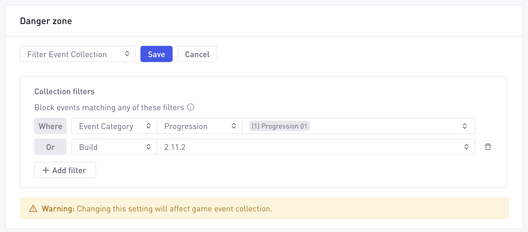 Two collection filters joined with Or: an Event Category filter for Progression 01, and a Build filter for build 2.11.2