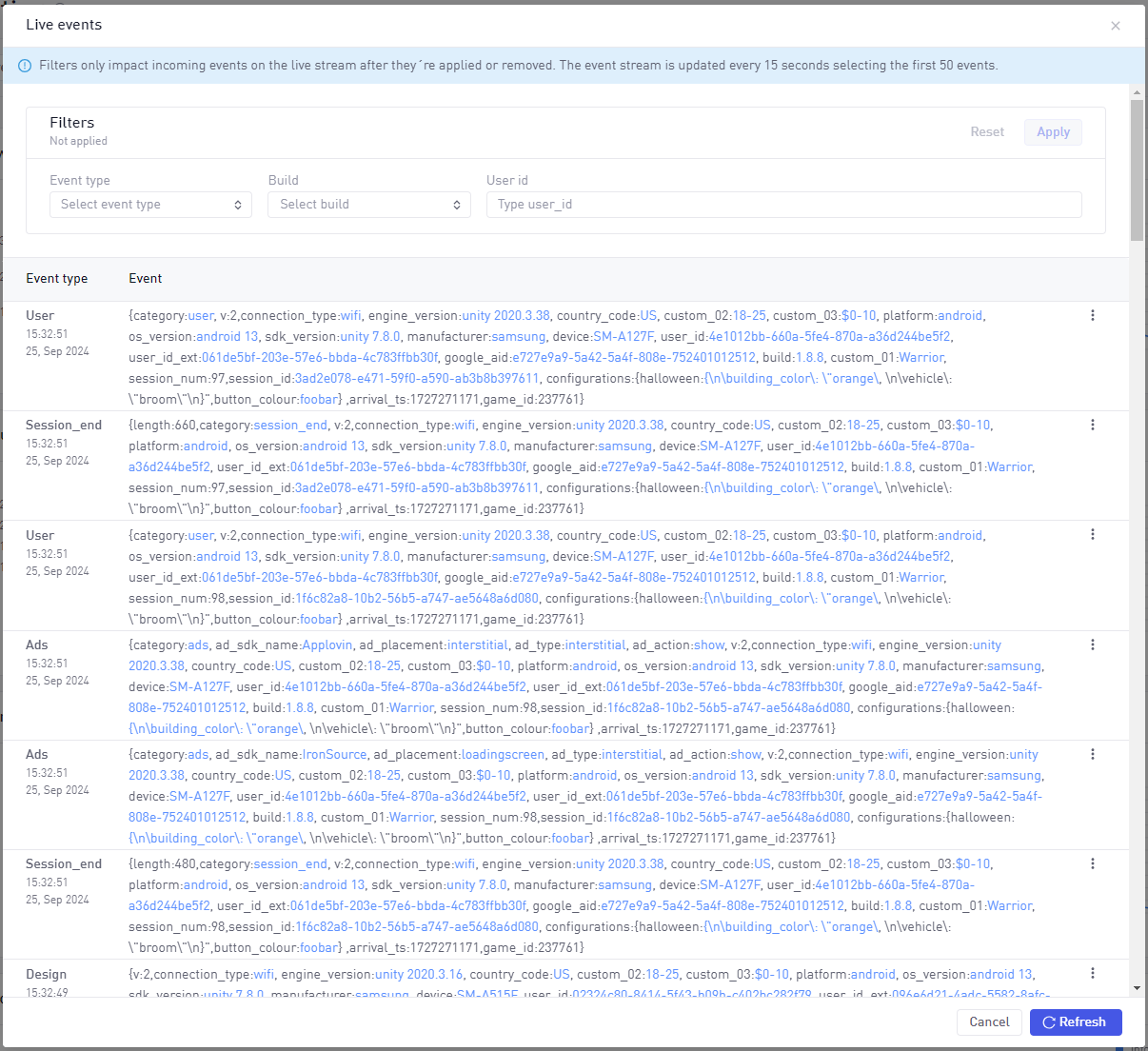 Realtime Dashboards Live Events